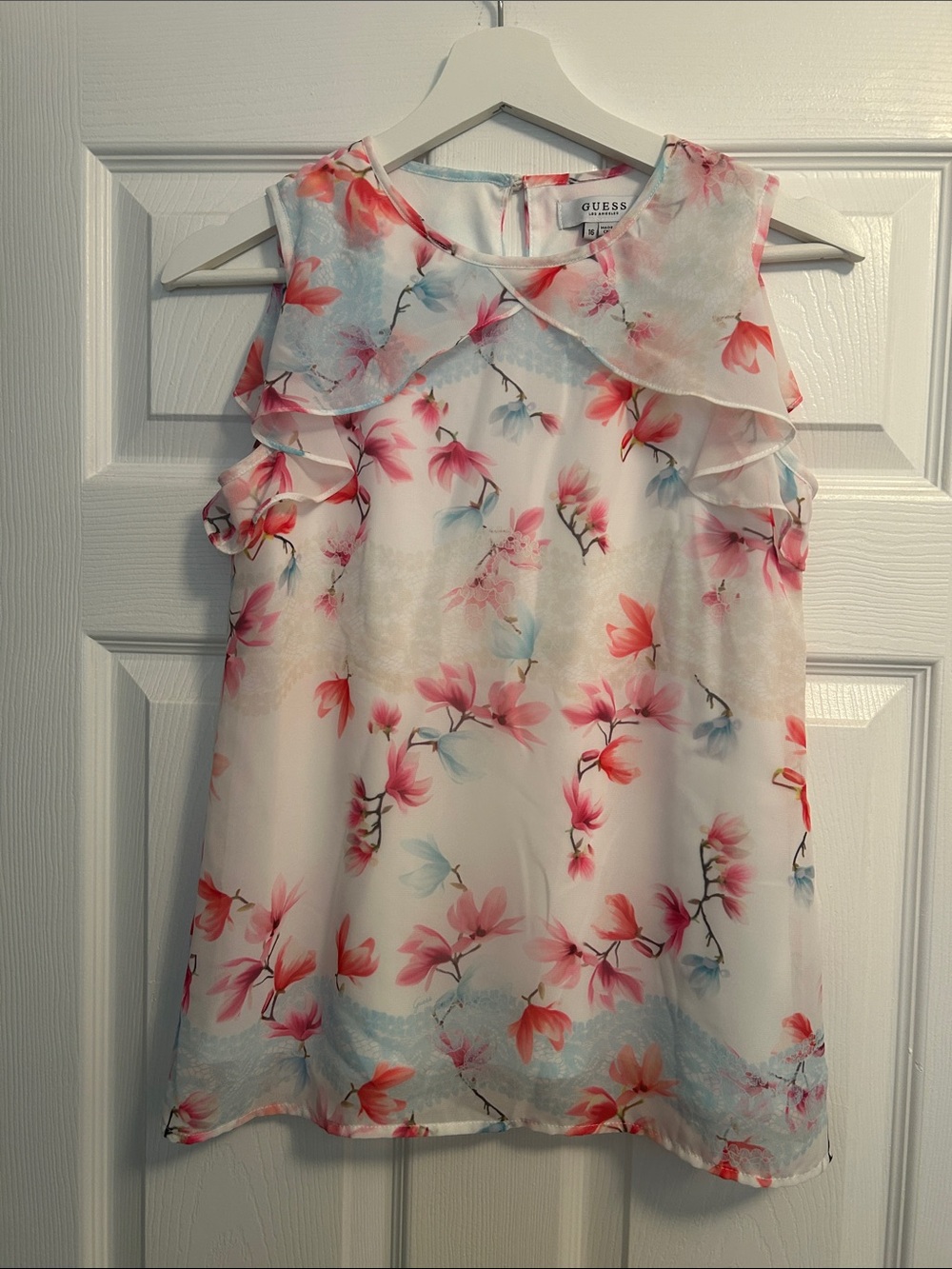 GUESS Floral Ruffle Collar Blouse in Pink and Light Blue